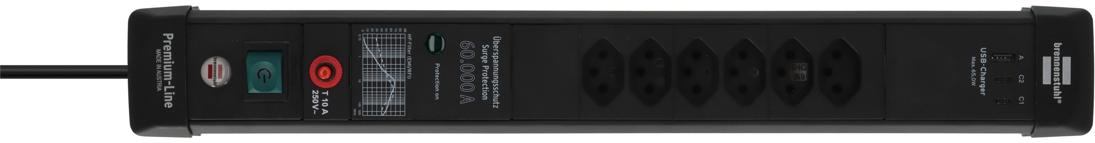 Premium-Line 60.000A Überspannungsschutz-Steckdosenleiste 6-fach (Typ T13) mit 2x USB C PD 65W und 1x USB A 18W schwarz, 3m H05VV-F 3G1,5 - Produktansicht