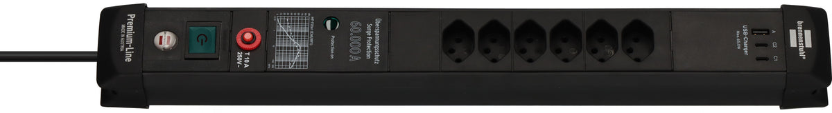 Premium-Line 60.000A Überspannungsschutz-Steckdosenleiste 6-fach (Typ T13) mit 2x USB C PD 65W und 1x USB A 18W schwarz, 3m H05VV-F 3G1,5 - Produktbild