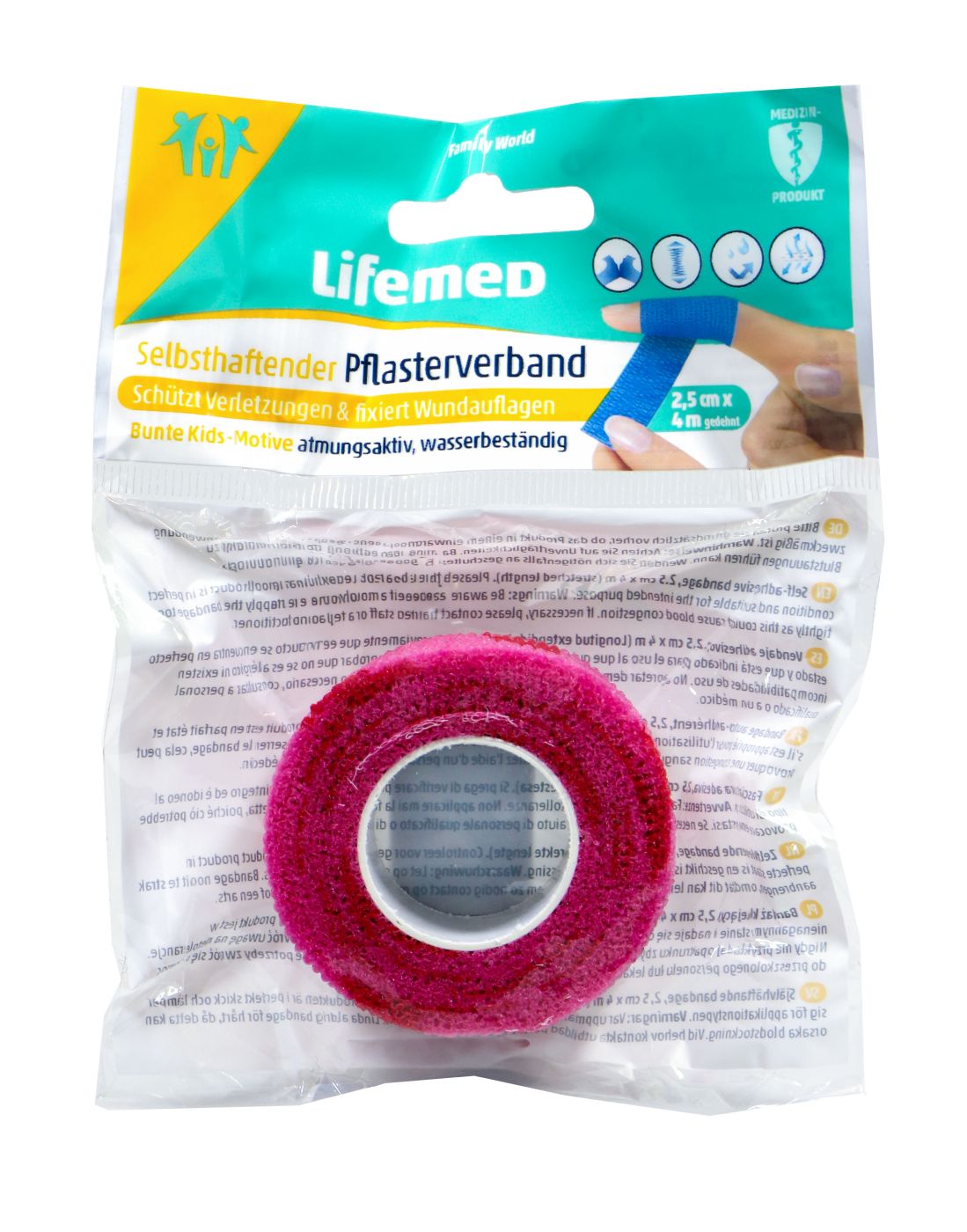 Lifemed Selbsthaftender Pflasterverband farbig sortiert, 2,5cm x 4 Meter