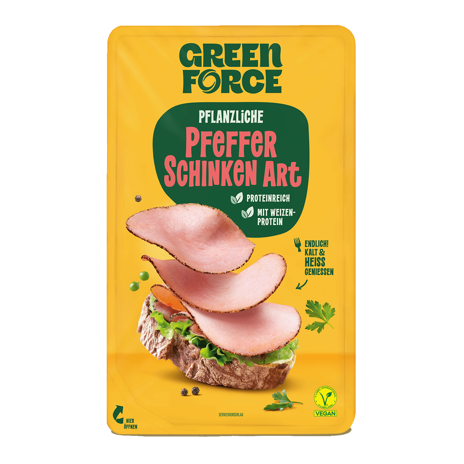 GREENFORCE Veganer Aufschnitt Pfeffer Schinken Art, 70g