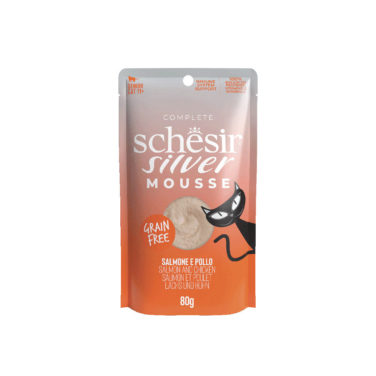SCHESIR SILVER MOUSSE BEUTEL 12 X 80G LACHS- UND HÜHNCHEN
