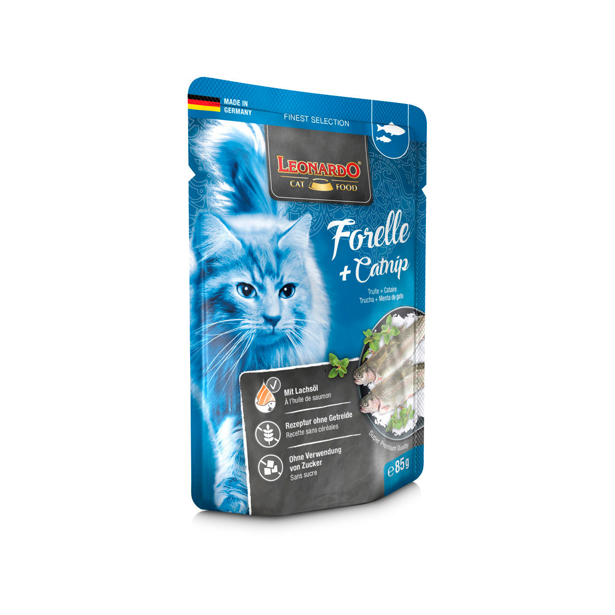BEUTEL LEONARDO 85 G FORELLE & CATNIP - 16 STK