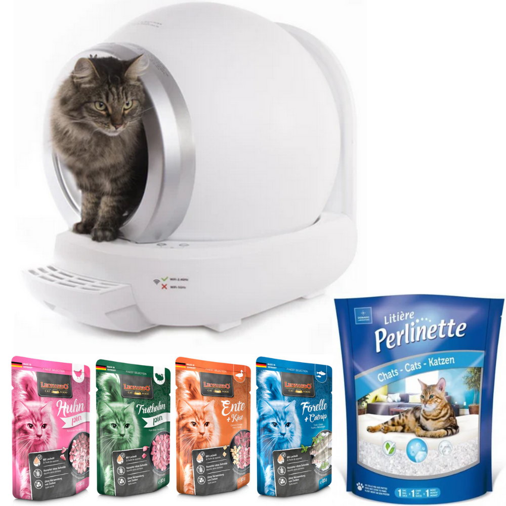 Selbstreinigende automatische Katzentoilette (inkl. Katzensand & 4× Katzenfutter)
