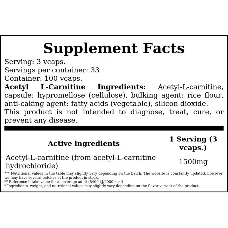 Acetyl L-Carnitine 500mg - 100vcaps.