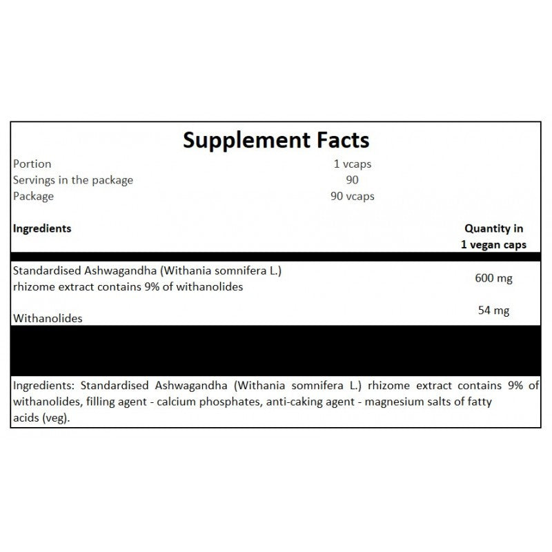 Ashwagandha 9% 600mg - 90 vcaps.