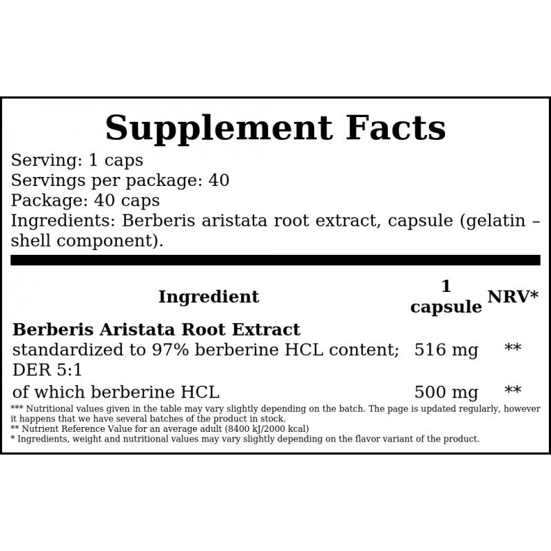 Berberyna HCL 500mg  - 40caps.
