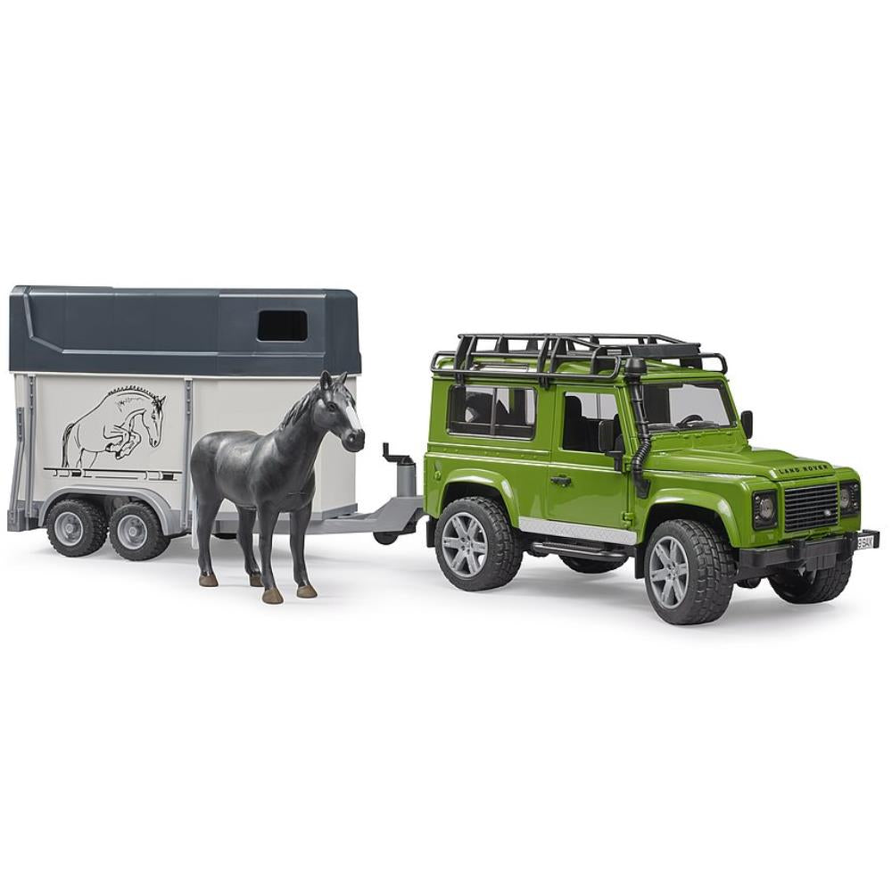 Bruder Land Rover Defender Station Wagon mit Pferdeanhänger & Pferd