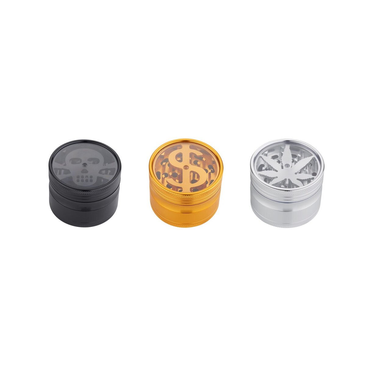 Champ High - Grinder Dollar / Skull / Hemp Leaf - 63mm - 4 Layers - Display - 9 Stück