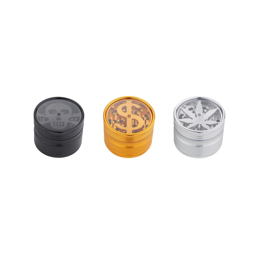 Champ High - Grinder Dollar / Skull / Hemp Leaf - 63mm - 4 Layers - Display - 9 Stück
