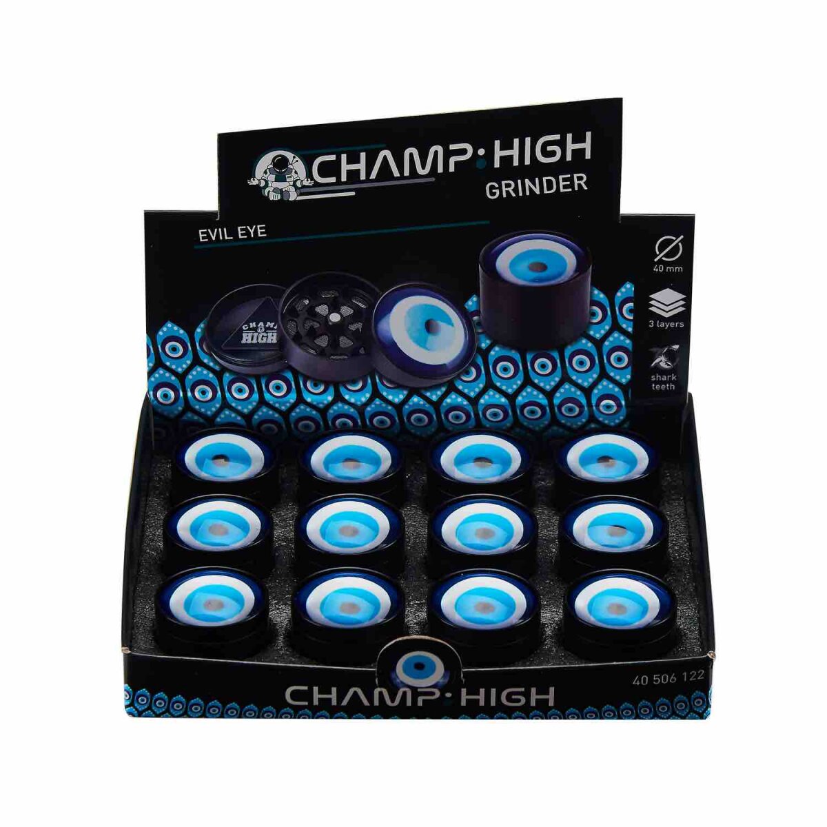 Champ High - Grinder Evil Eye - 40mm - 3 Layers - Display - 12 Stück