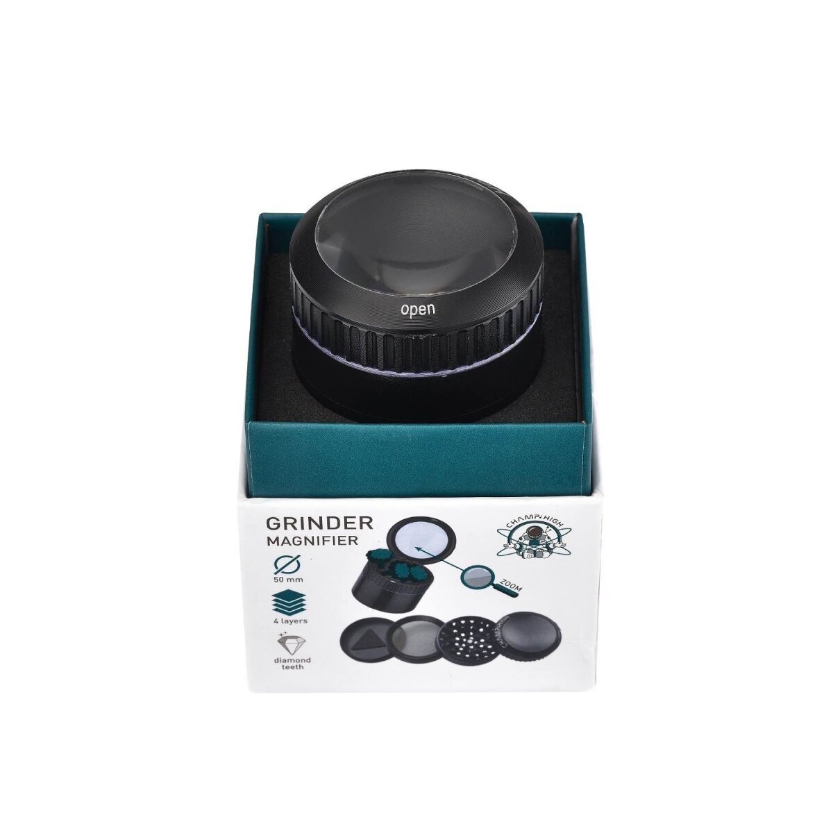 Champ High - Grinder Magnifier Black mit Lupe und Staufach - 50mm - 4 Layers