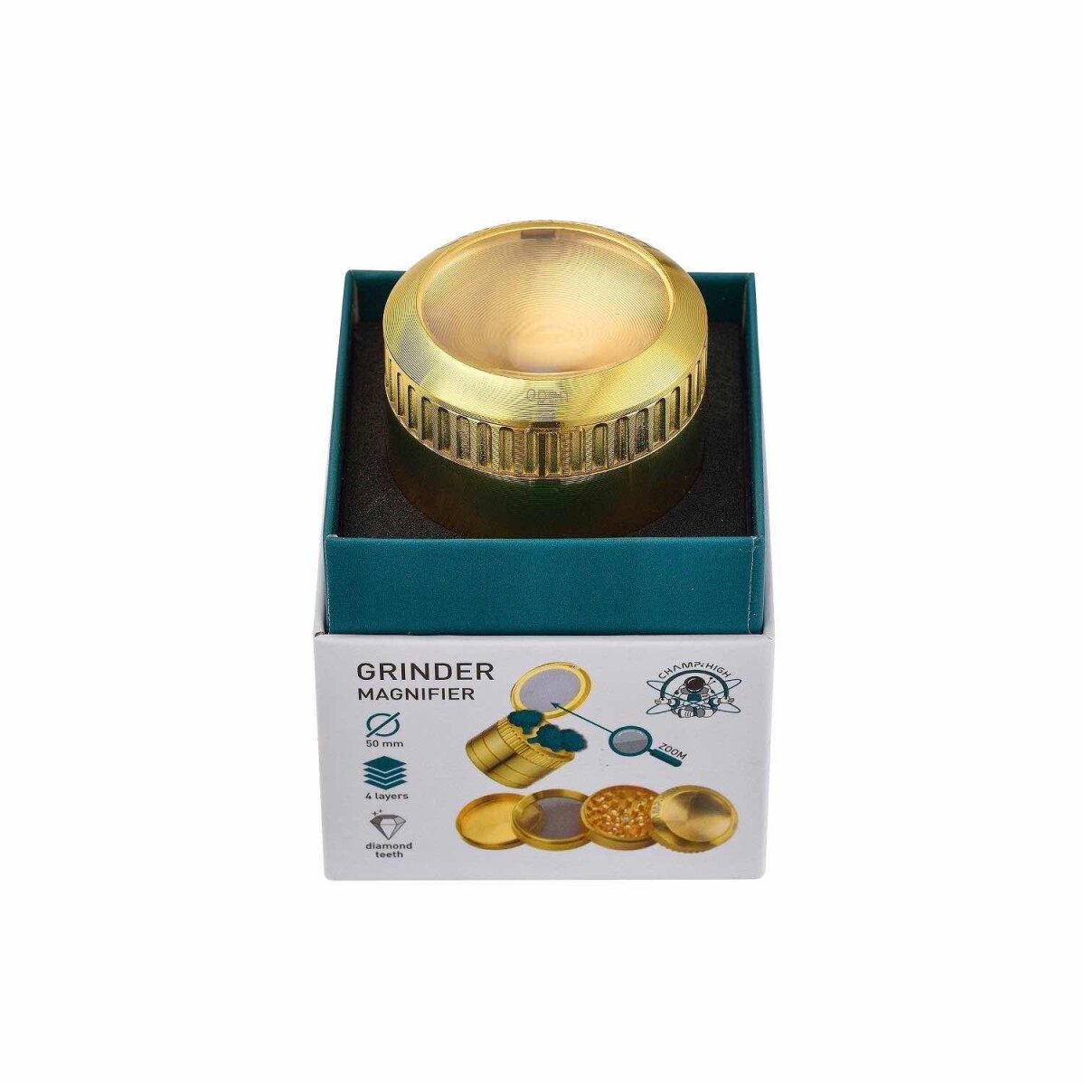 Champ High - Grinder Magnifier Gold mit Lupe und Staufach - 50mm - 4 Layers