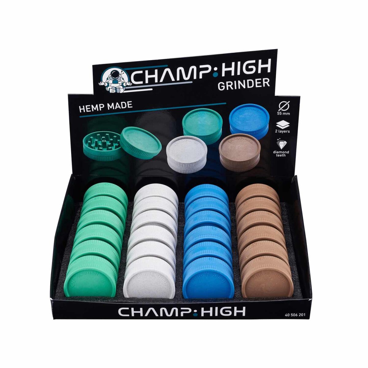 Champ High - Hemp Plastic Grinder - 55mm - 2 Layers - Display - 24 Stück