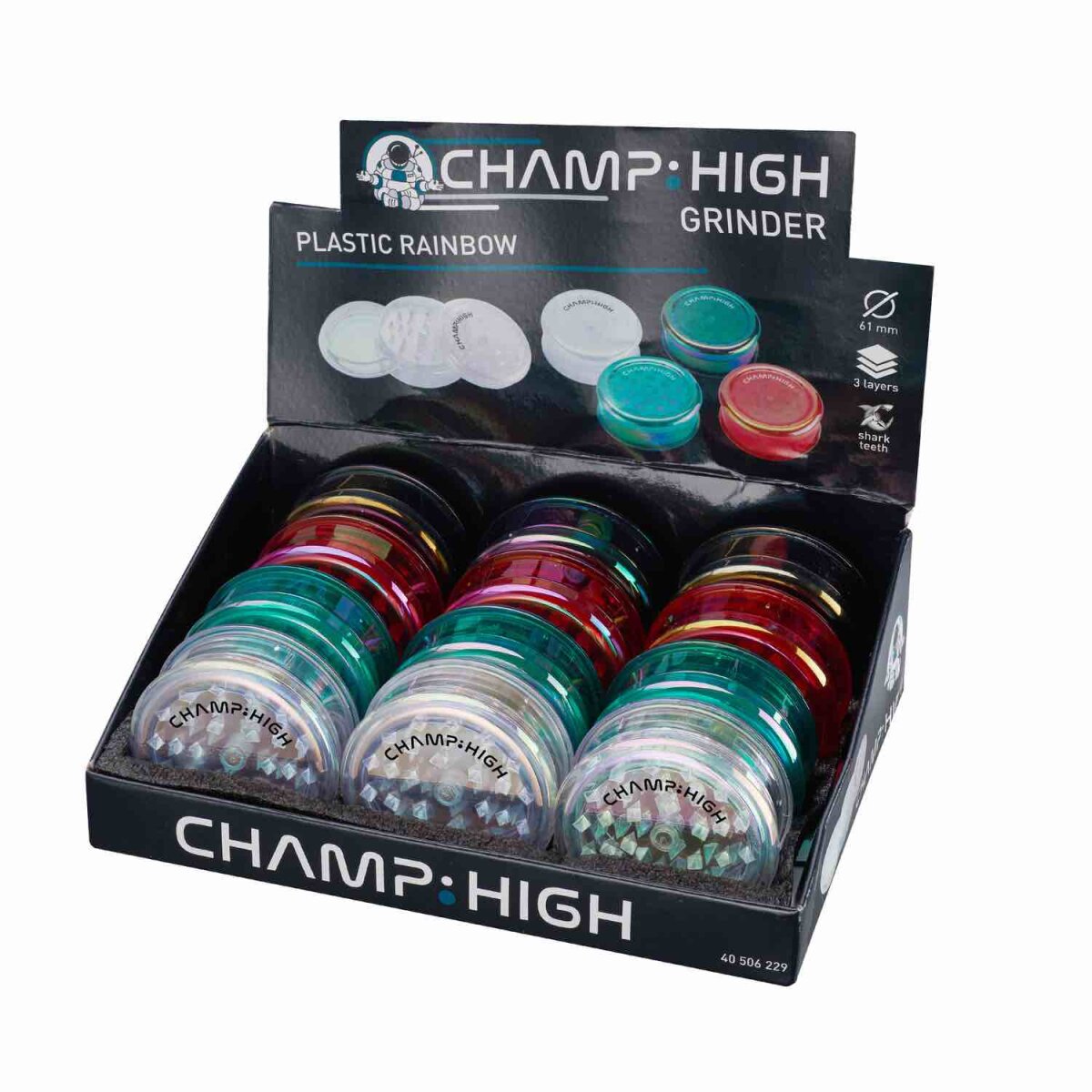 Champ High - Plastic Grinder Rainbow - 61mm - 3 Layers - Display - 12 Stück