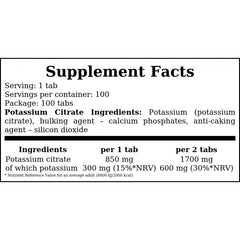 Potassium Citrate 300mg (Cytrynian Potasu) - 100vtabs.
