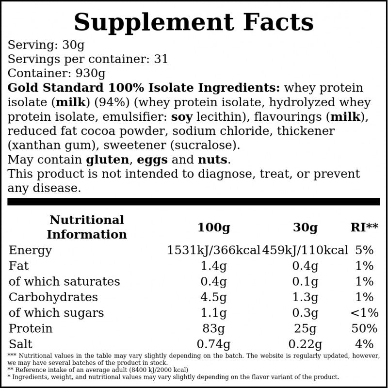 Gold Standard 100% Isolate - 930g - Chocolate