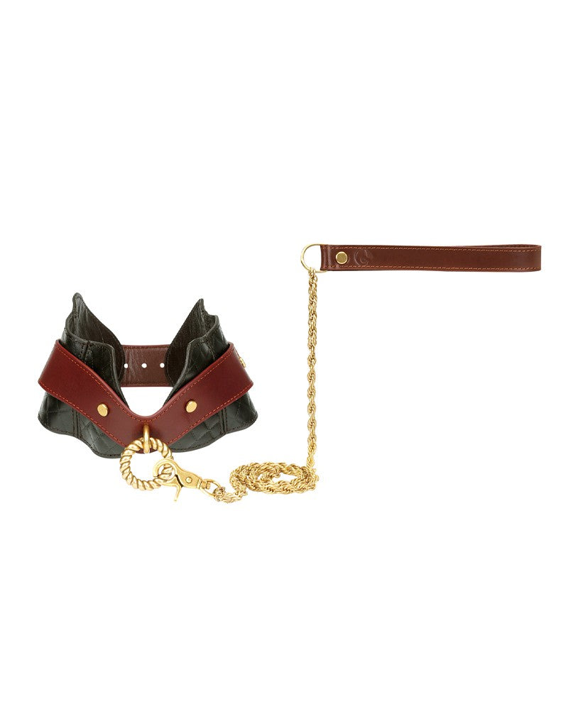 Rimba Bondage Play – Lederhalsband mit Metallketten – Schwarz & Silber
