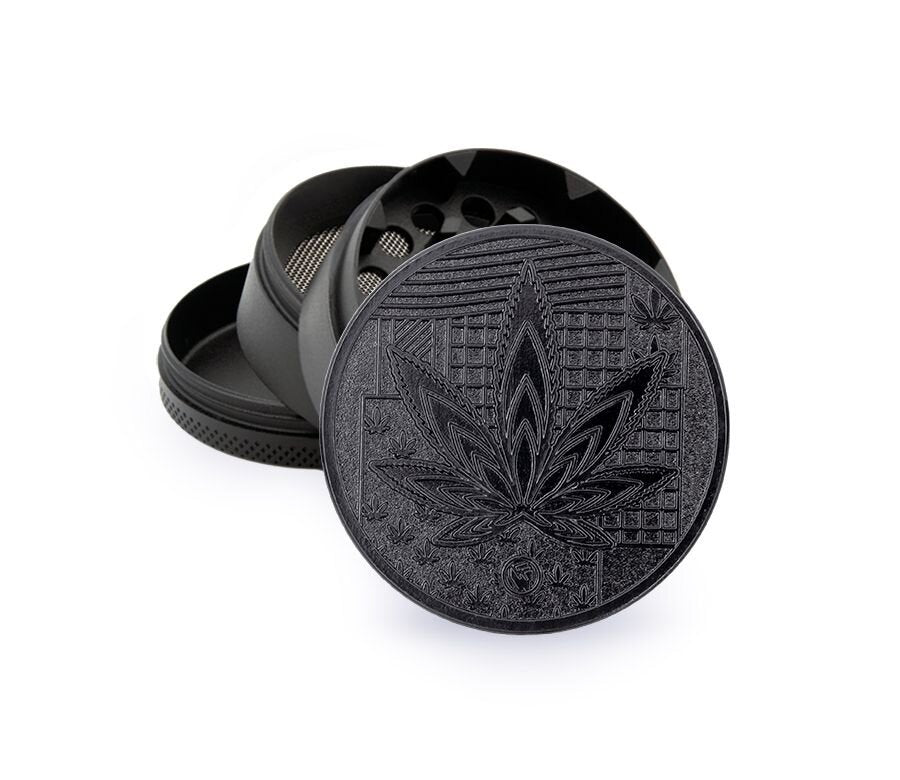 Metal Grinder - 50mm - 4 Layers - Black - Leaves 36 - Display - 4 Stück