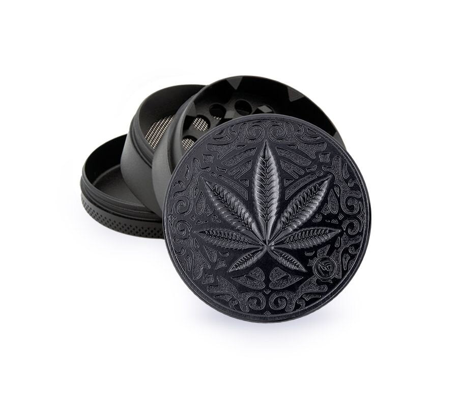 Metal Grinder - 50mm - 4 Layers - Black - Trance Leaf - Display - 4 Stück