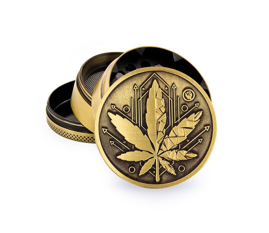 Metal Grinder - 50mm - 4 Layers - Gold - Geometrical Leaf - Display - 4 Stück