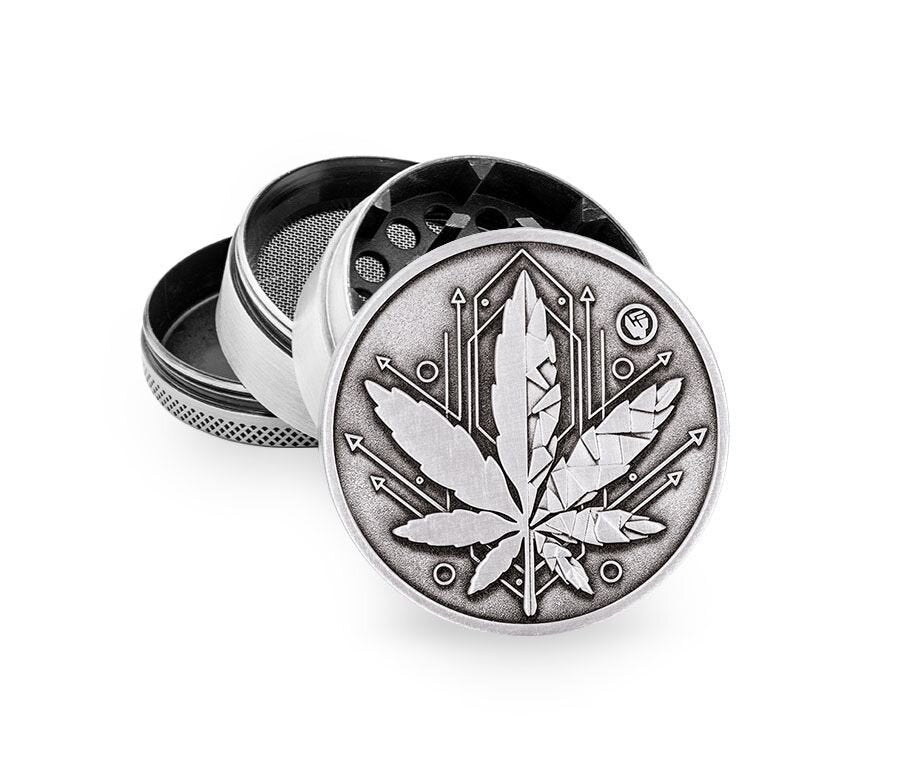 Metal Grinder - 50mm - 4 Layers - Silver - Geometrical Leaf - Display - 4 Stück