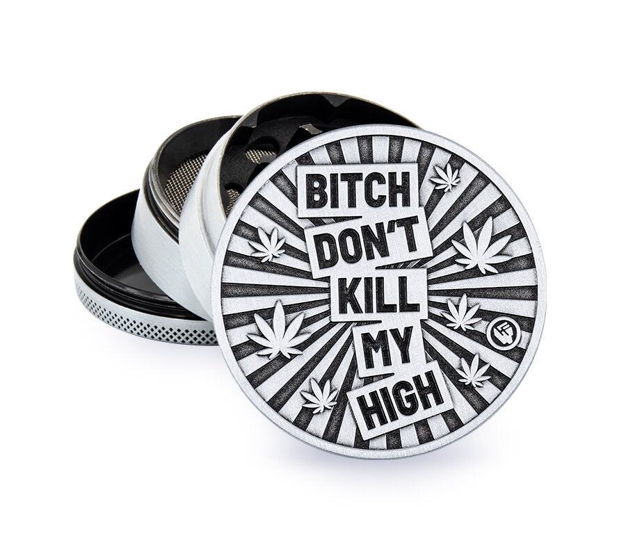 Metal Grinder - 60mm - 4 Layers - Silver - Bitch Dont Kill My High - Display - 4 Stück