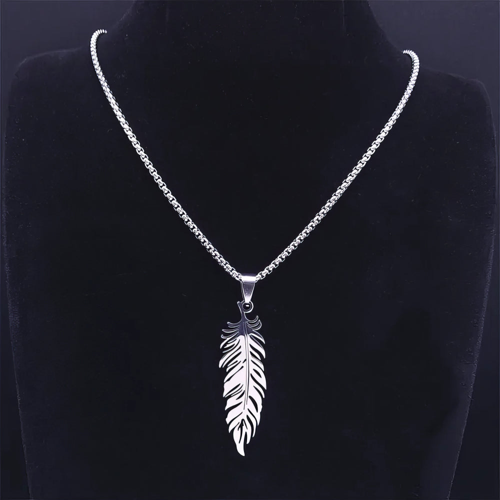 Perlstein Boho Feder Halskette, Edelstahl, Silber, 50 cm