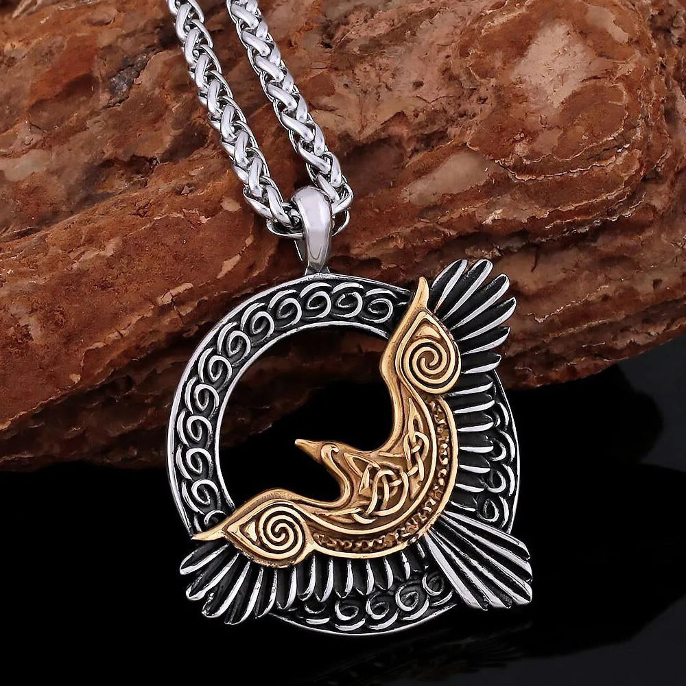 Perlstein Keltischer Rabe von Odin, Edelstahl, Silber/Gold, 60 cm