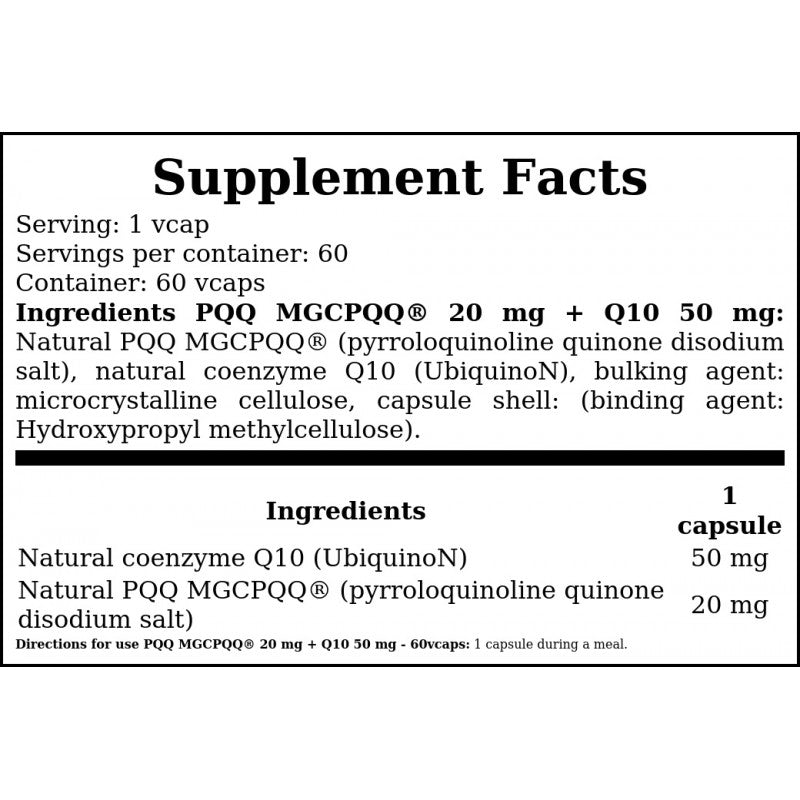 PQQ MGCPQQ® 20 mg + Q10 50 mg - 60vcaps.