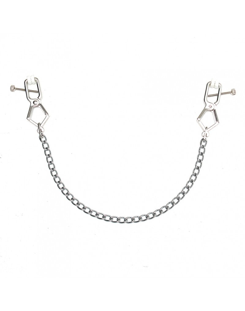 Rimba Bondage Play – Verstellbare Nippelklemmen mit Kette – Silber