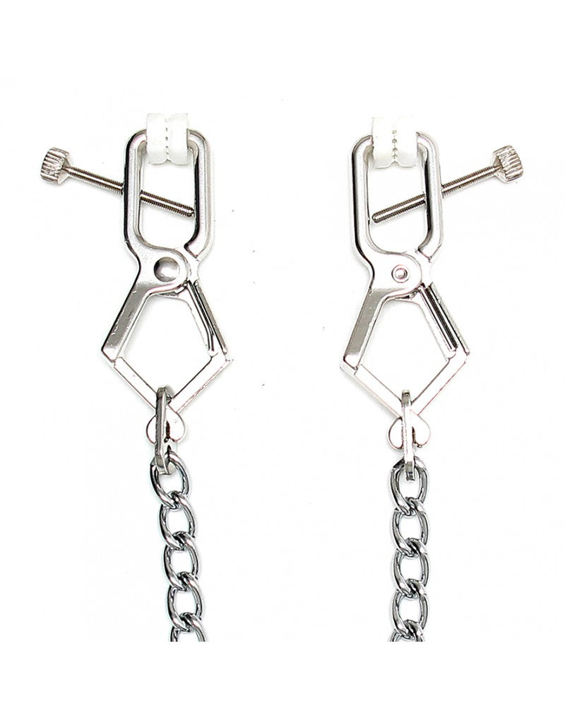 Rimba Bondage Play – Verstellbare Nippelklemmen mit Kette – Silber