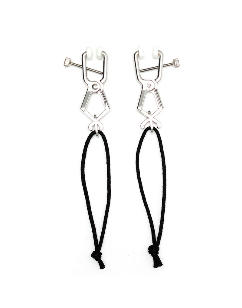 Rimba Bondage Play – Verstellbare Nippelklemmen ohne Kette – Schwarz und Silber