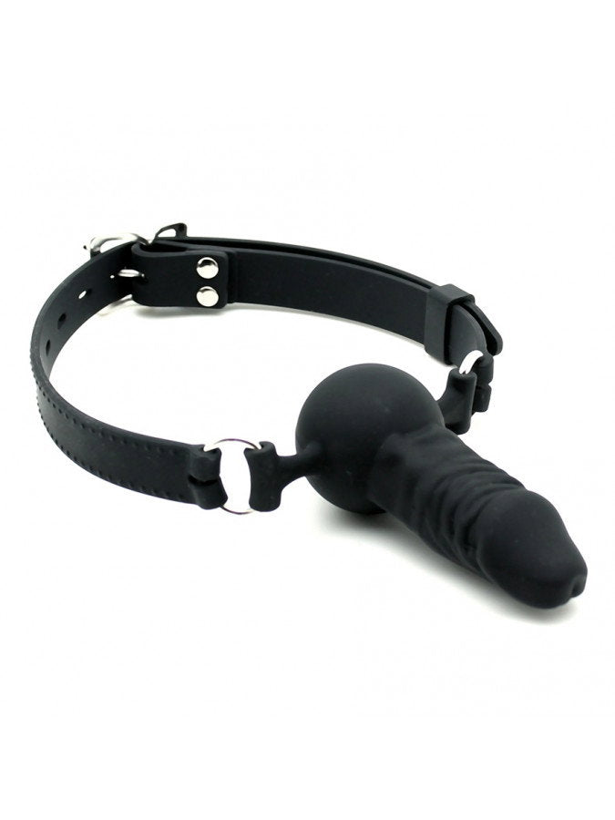 Rimba Latex Play - Mundknebel mit Penis (Ø 40 mm) - Schwarz & Silber