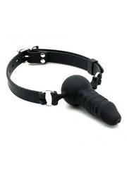 Rimba Latex Play - Mundknebel mit Penis (Ø 40 mm) - Schwarz & Silber