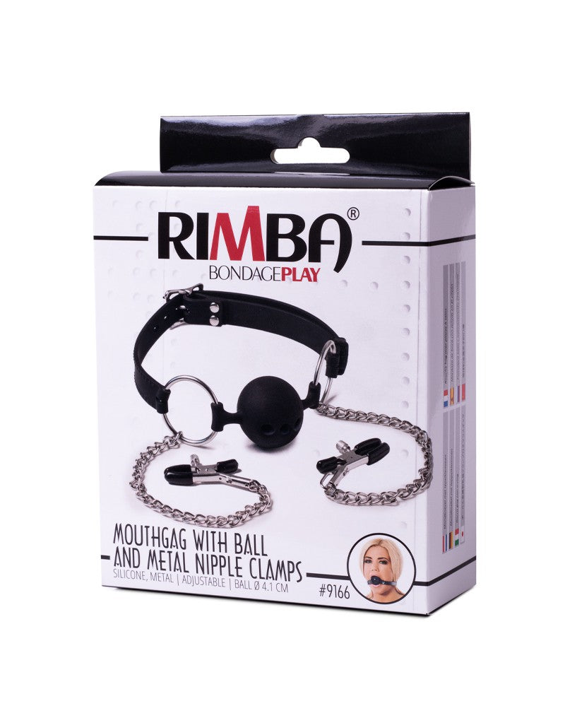 2: Rimba Latex Play - Mundknebel mit Hoden und Nippelklemmen - Schwarz