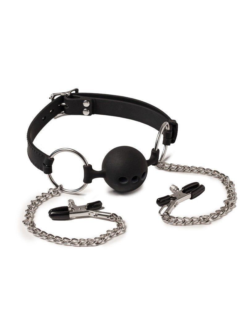 Rimba Latex Play - Mundknebel mit Hoden und Nippelklemmen - Schwarz