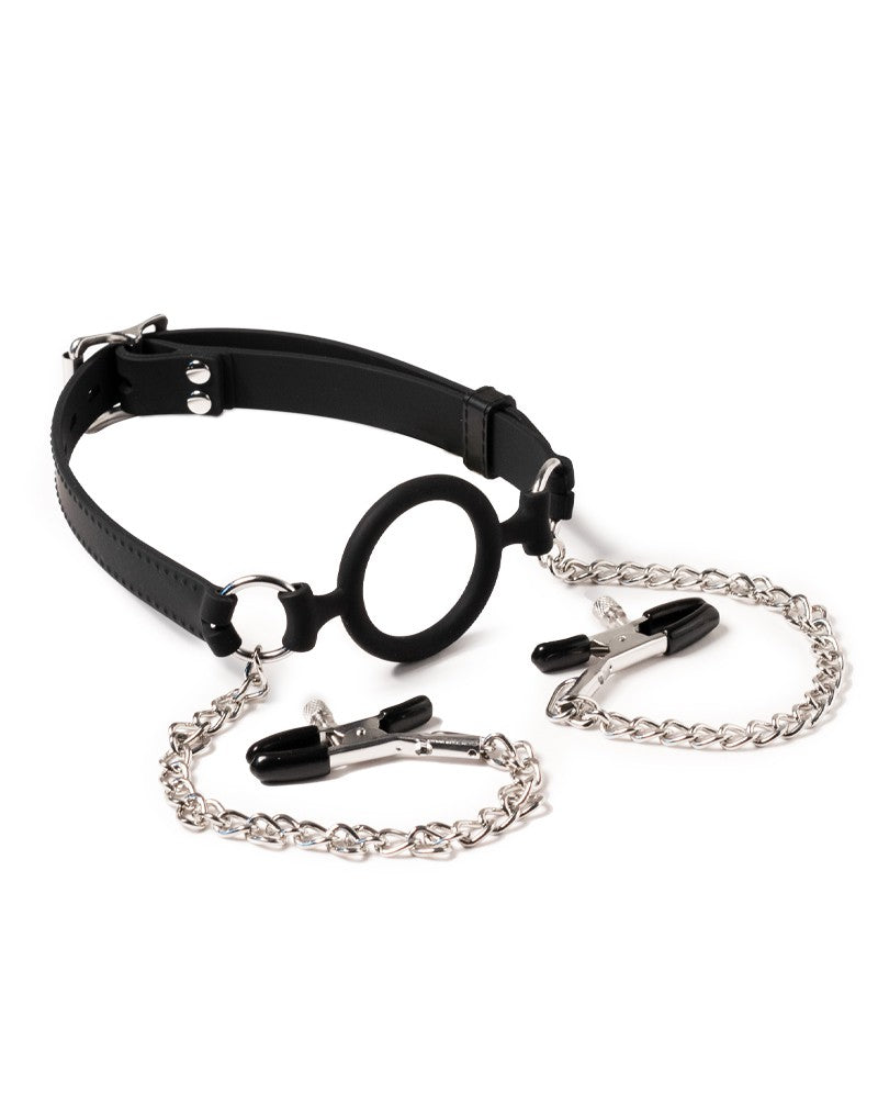 1: Rimba Latex Play - Mundknebel mit O-Ring und Nippelklemmen - Schwarz