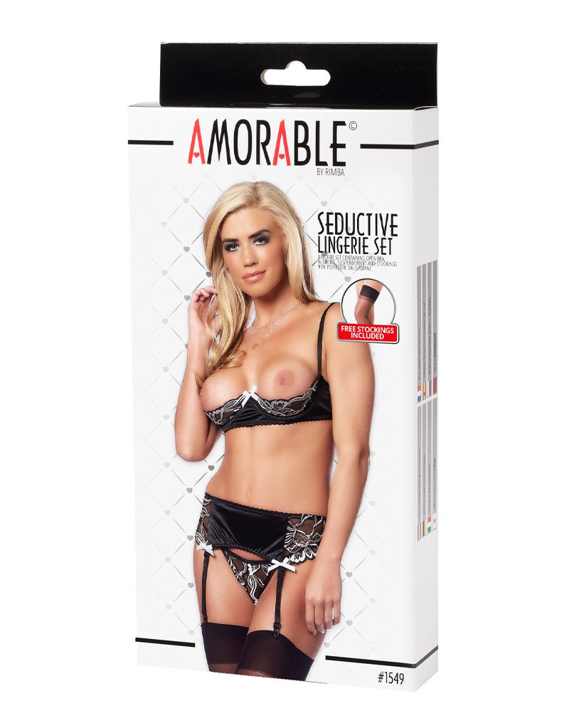 Amorable by Rimba - 1/2 Cup BH mit String, Strapsgürtel und Strümpfen - Schwarz / Weiß