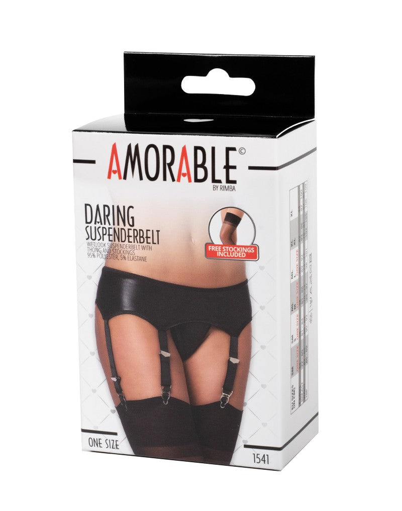 Amorable by Rimba - Wetlook Hosenträger mit Slip und Strümpfen - One Size - Schwarz