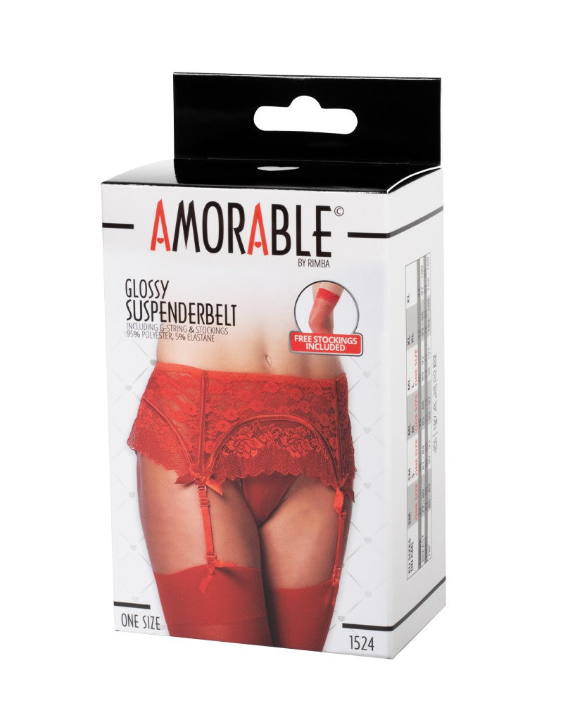 3: Amorable by Rimba - Strapsgürtel mit G-String und Strümpfen - One Size - Rot