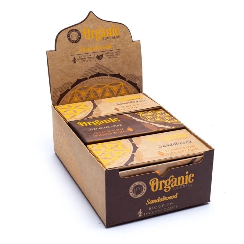 Rückfluss Räucherkegel - Organic Goodness - Sandelholz - Display - 6 x 12 Stück