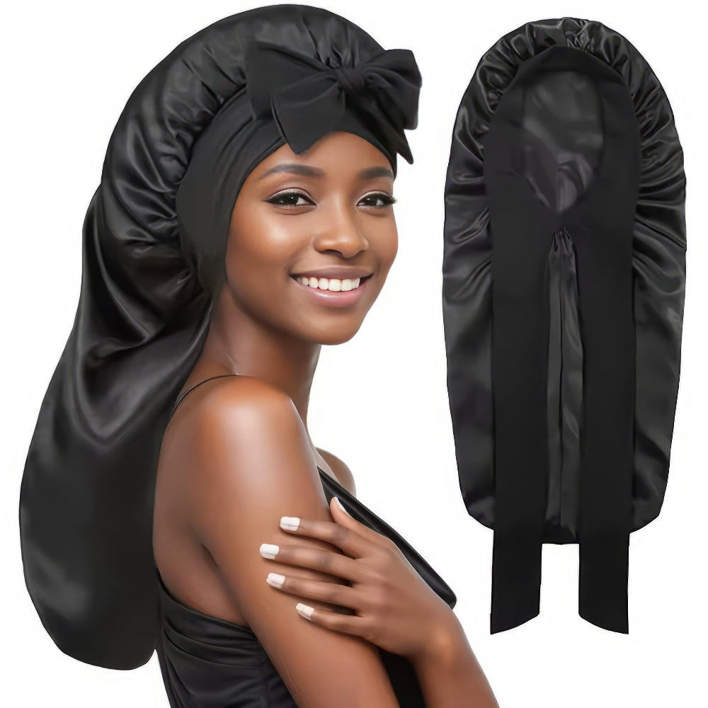 Satin Haarschlafhaube XL Bonnet zum Binden, schwarz