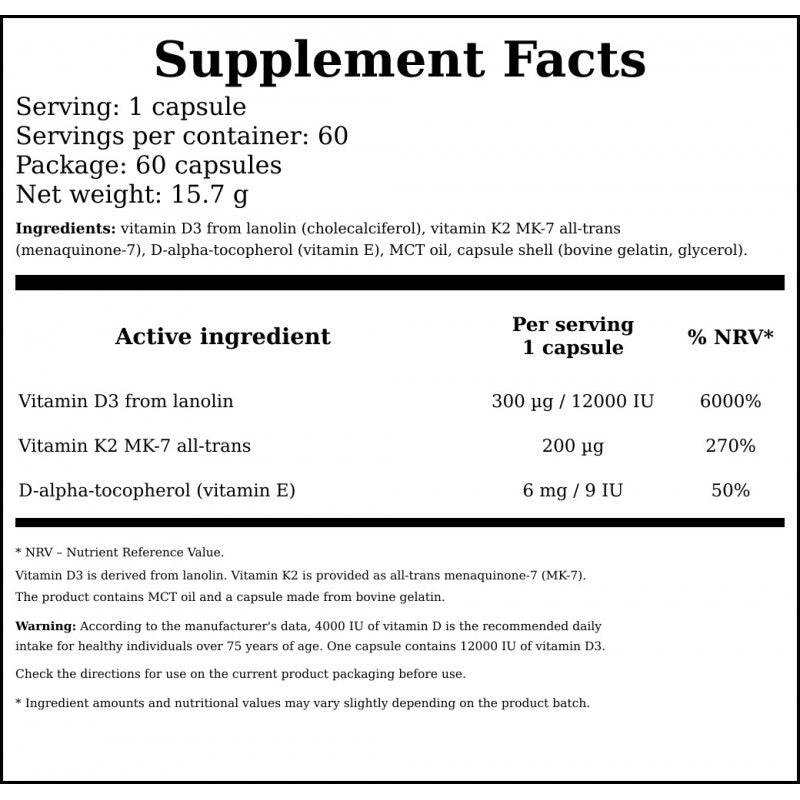 Vitamin D3 + K2 Forte 12000 IU - 60caps.
