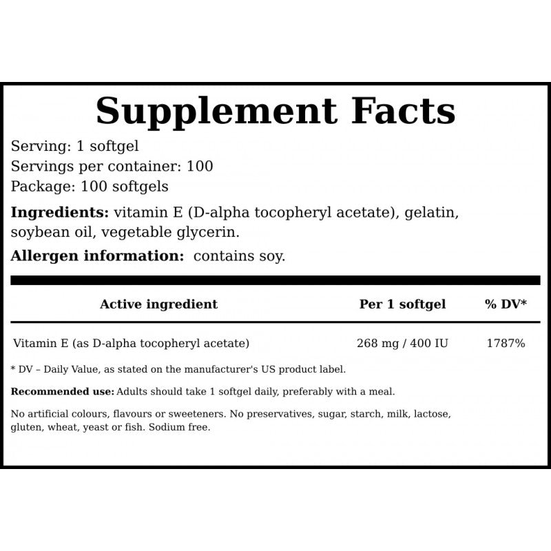 Vitamin E Naturally Sourced - 400 IU - 100softgels.