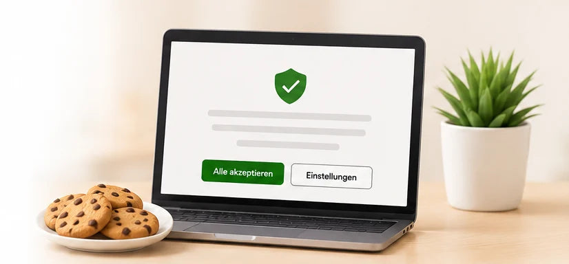 Laptop mit Cookie-Datenschutzeinstellungen, Kekse und Pflanze