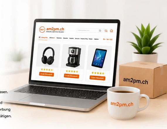 Laptop mit am2pm.ch Onlineshop, Paket und Kaffeetasse