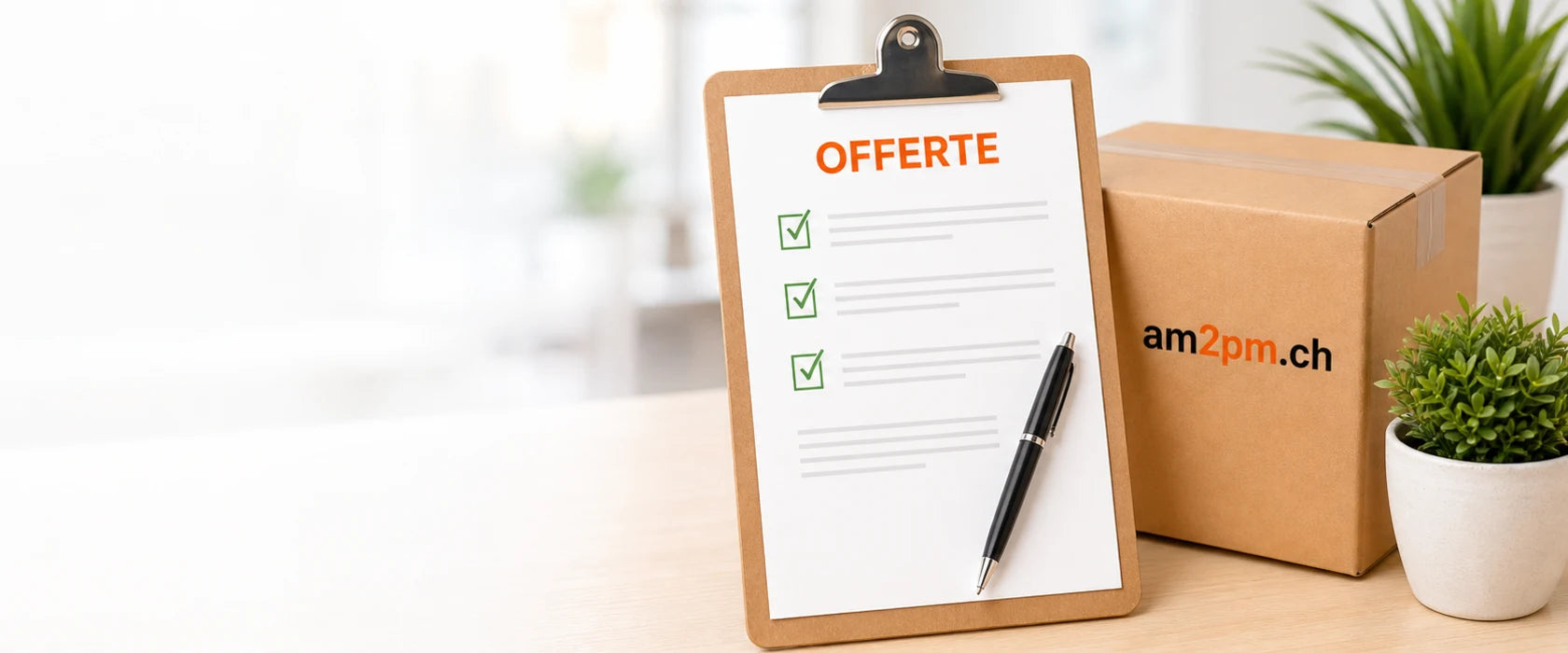 Klemmbrett mit Offerte, Paket und Pflanzen