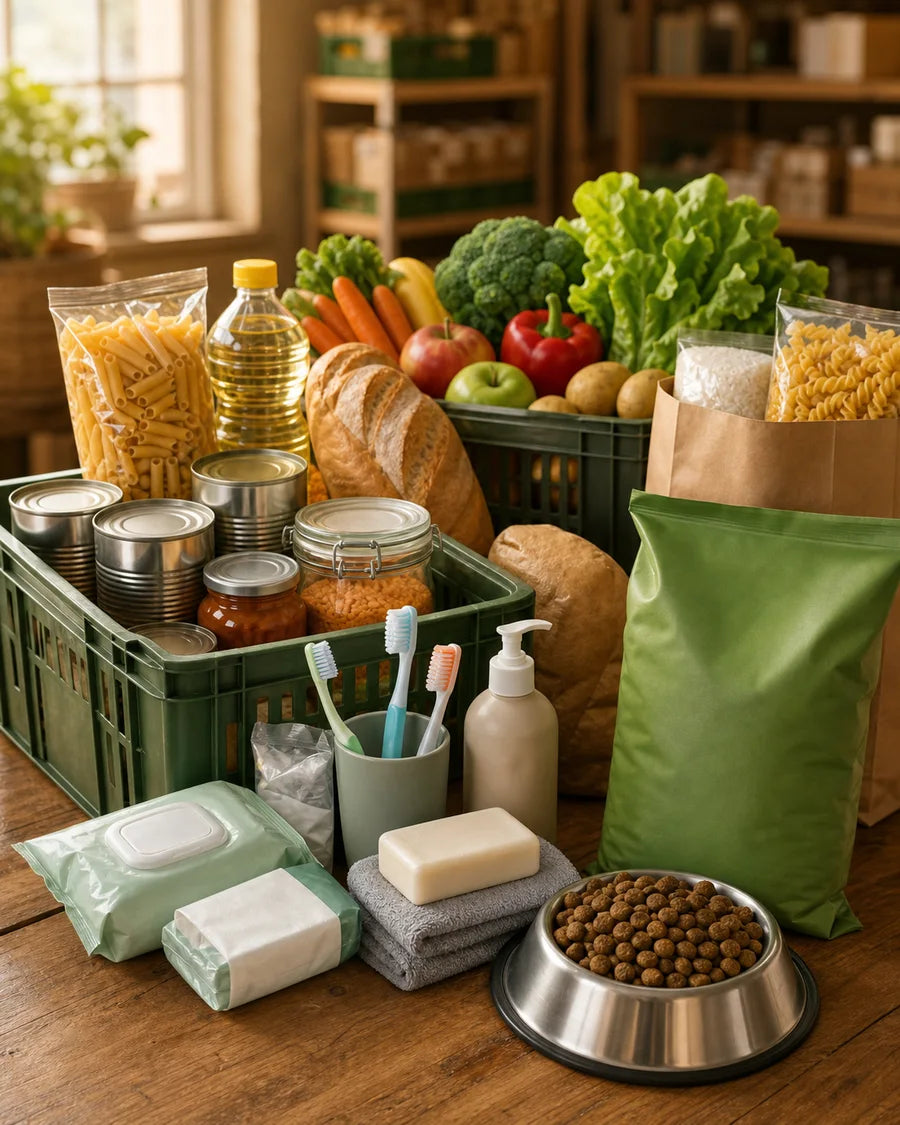 Gespendete Lebensmittel, Hygieneartikel und Tiernahrung
