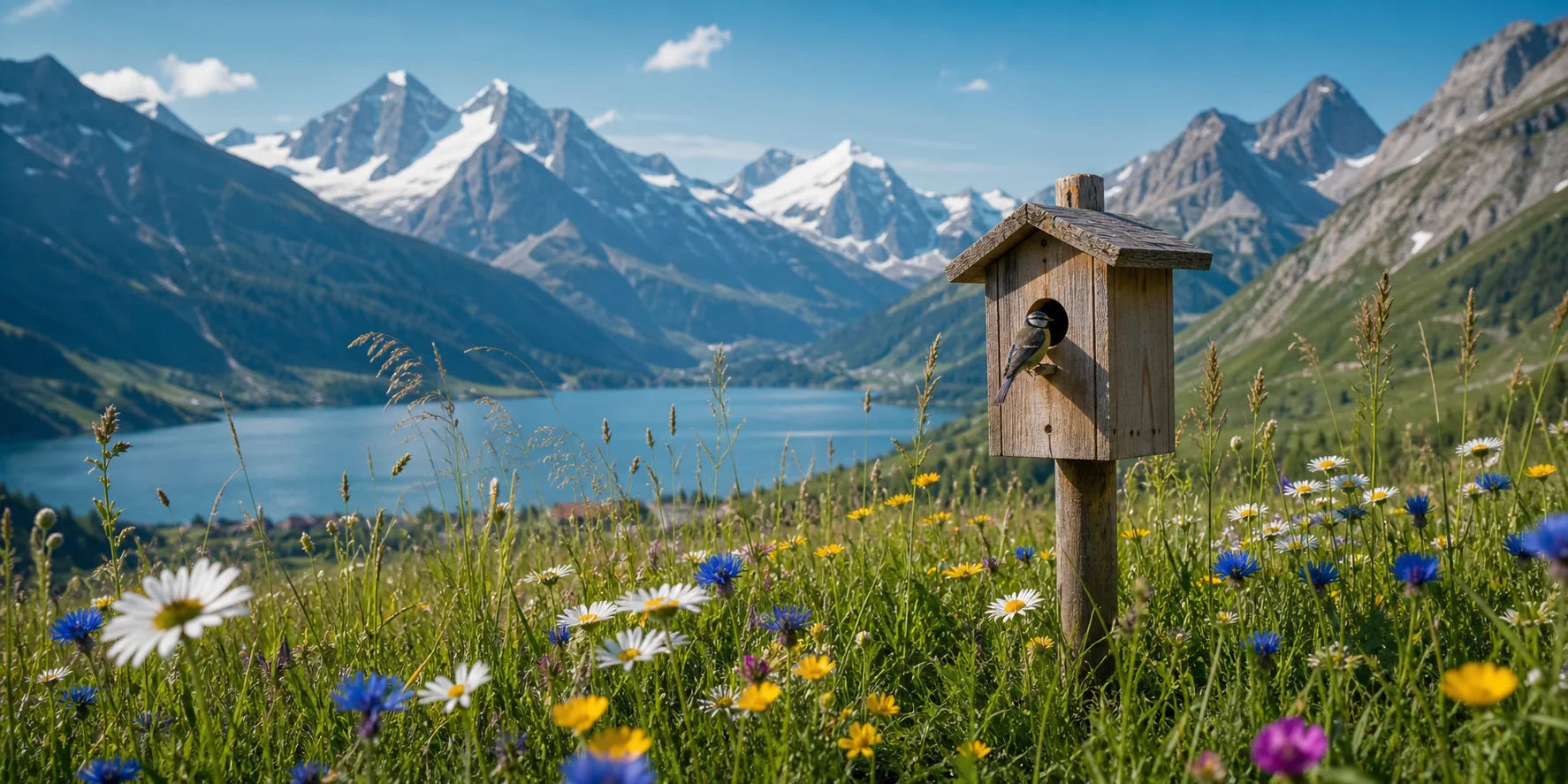 Blühende Schweizer Bergwiese mit Vogelhaus