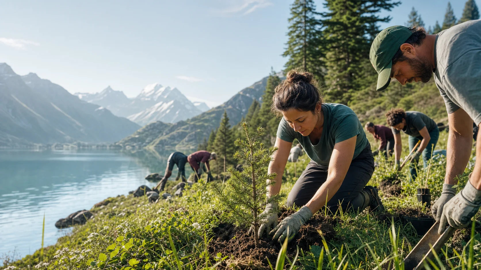 Freiwillige pflanzen junge Bäume an einem Schweizer Bergsee